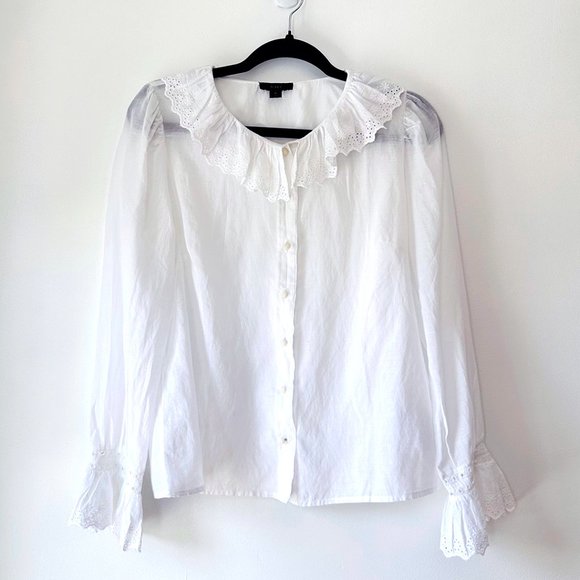 JCREW White Cotton Embroidered Ruffle Collar Top with Eyelet Size 6 - Picture 6 of 9